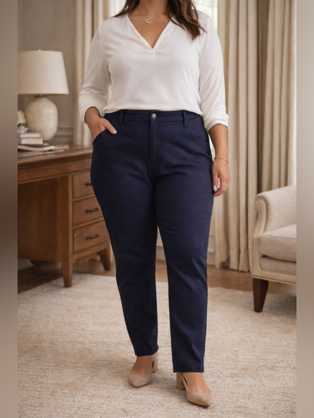 NWT Molly & Isadora Navy Blue Cotton Blend Pants Size 14 Straight Leg Stretch